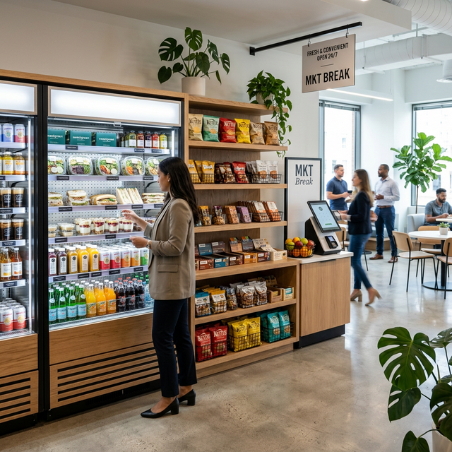 Illustrative open micro market with shelves and chilled refreshments