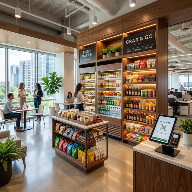 Illustrative workplace micro market with snacks, refrigerated drinks, and a self-service checkout